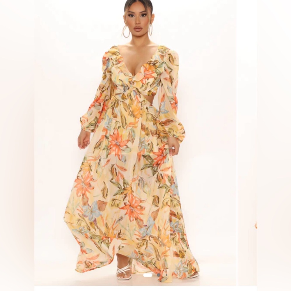 Fashion Nova Floral Long Sleeve Dress - Orange and Yellow